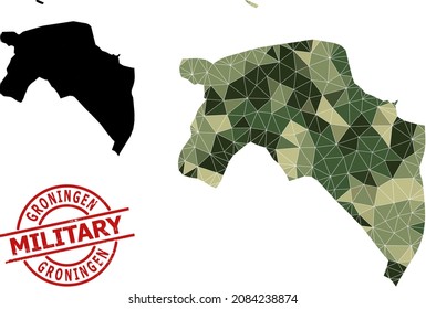 Mapa de mosaicos de bajo contenido de póliza de la provincia de Groningen y precinto militar. Mapa de baja polilla de la provincia de Groningen diseñado con triángulos llenos de camuflaje al azar.