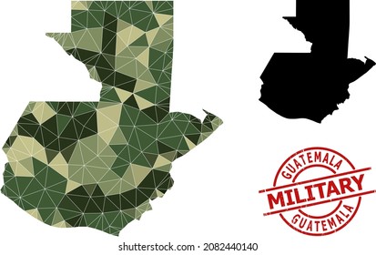 Low-Poly mosaic map of Guatemala, and distress military stamp seal. Low-poly map of Guatemala is constructed with scattered camouflage filled triangles.