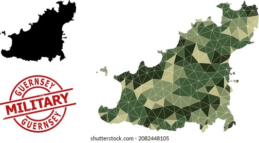 Low-Poly mosaic map of Guernsey Island, and grunge military stamp imitation. Low-poly map of Guernsey Island is combined with chaotic camo filled triangles.
