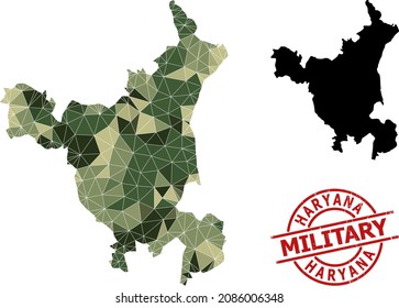 Low-Poly mosaic map of Haryana State, and scratched military stamp. Low-poly map of Haryana State is designed from scattered camo filled triangles.