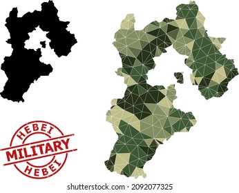 Low-Poly-Mosaik-Karte der Provinz Hebei, und gekratzte Militärstempel. Low-Poly-Karte der Provinz Hebei kombiniert aus verstreuten khaki farbenen Dreiecken.
