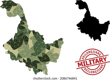 Lowpoly mosaic map of Heilongjiang Province, and rubber military rubber seal. Lowpoly map of Heilongjiang Province is combined of chaotic camo filled triangles.