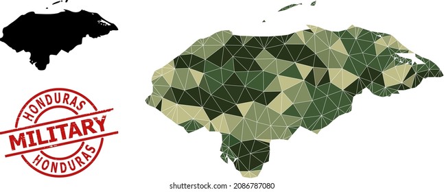 Mapa de mosaico bajo en polaco de Honduras, y precinto sello militar. Mapa de bajo politiqueo de Honduras está construido a partir de triángulos caóticos de color caqui.