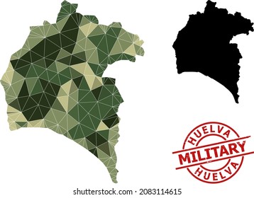 Low-Poly mosaic map of Huelva Province, and scratched military stamp. Low-poly map of Huelva Province constructed of chaotic camouflage filled triangles.