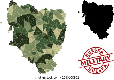 Lowpoly mosaic map of Hueska Province, and rubber military stamp. Lowpoly map of Hueska Province is constructed from chaotic khaki filled triangles.