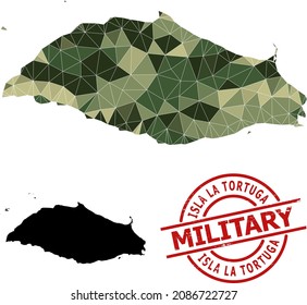 Lowpoly mosaic map of Isla La Tortuga, and rubber military stamp. Lowpoly map of Isla La Tortuga combined of randomized camo color triangles.