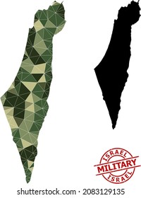 Low-Poly mosaic map of Israel, and grunge military stamp imitation. Low-poly map of Israel designed of random khaki color triangles. Red round stamp for military and army concept illustrations,