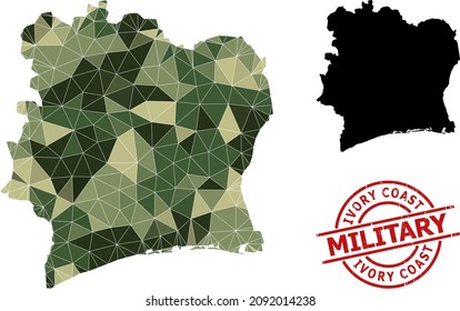 Lowpoly mosaic map of Ivory Coast, and grunge military stamp print. Lowpoly map of Ivory Coast is constructed with randomized camouflage colored triangles.