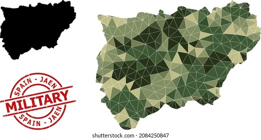 Low-Poly mosaic map of Jaen Spanish Province, and rough military stamp imitation. Low-poly map of Jaen Spanish Province is combined with scattered camo color triangles.