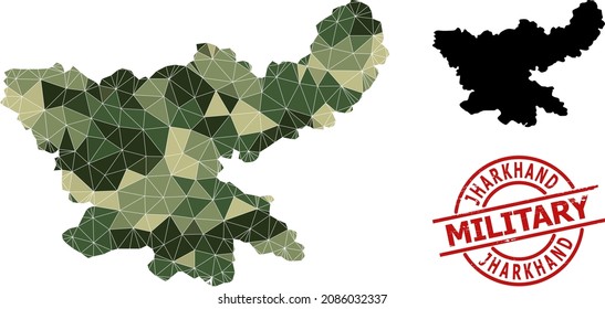 Mapa de mosaico bajo en polaco del estado de Jharkhand y estampado militar de socorro. Mapa de bajo perfil del estado de Jharkhand construido con triángulos de color de camo al azar.