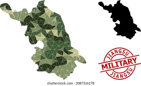 Low-Poly mosaic Map of Jiangsu Province, and distress military stamp. Low-poly Map of Jiangsu Province is constructed with chaotic camouflage filled triangles.