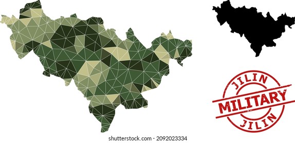 Low-Poly mosaic map of Jilin Province, and textured military stamp seal. Low-poly map of Jilin Province constructed from chaotic khaki filled triangles.