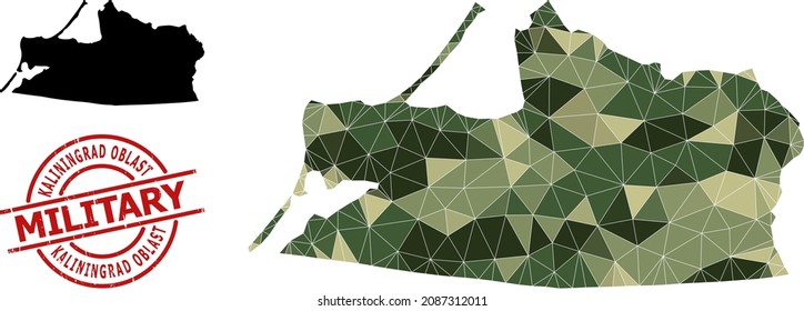 Low-Poly mosaic map of Kaliningrad Region, and grunge military stamp. Low-poly map of Kaliningrad Region combined with chaotic khaki filled triangles.