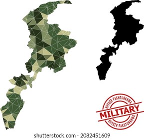 Low-Poly mosaic map of Khyber Pakhtunkhwa Province, and rough military rubber seal. Low-poly map of Khyber Pakhtunkhwa Province is constructed from chaotic camo filled triangles.