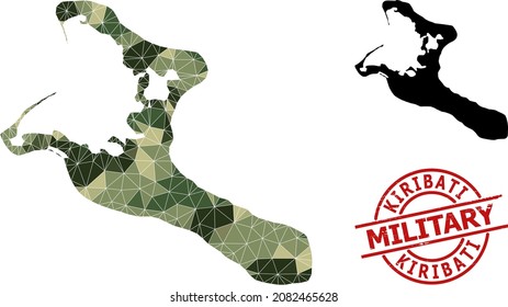Low-Poly mosaic map of Kiribati Island, and rough military rubber seal. Low-poly map of Kiribati Island is constructed of chaotic camo color triangles.