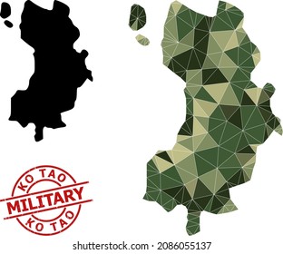 Low-Poly mosaic map of Ko Tao, and distress military stamp. Low-poly map of Ko Tao is designed from random camo colored triangles. Red round stamp for military and army abstract illustrations,
