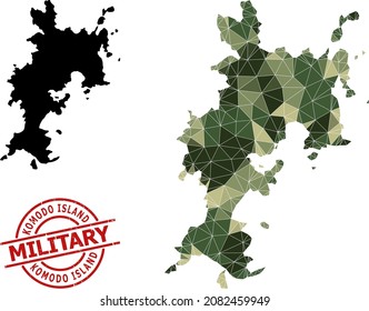 Lowpoly mosaic map of Komodo Island, and unclean military badge. Lowpoly map of Komodo Island is designed with random khaki colored triangles.