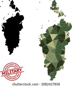Low-Poly mosaic map of Krasnoyarskiy Kray, and rubber military seal. Low-poly map of Krasnoyarskiy Kray is combined of chaotic camouflage color triangles.