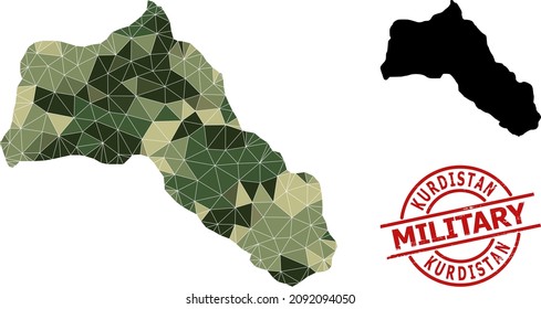 Lowpoly mosaic map of Kurdistan, and unclean military stamp print. Lowpoly map of Kurdistan is designed from scattered khaki color triangles.