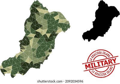 Low-Poly mosaic map of La Graciosa Island, and distress military stamp print. Low-poly map of La Graciosa Island is combined of scattered khaki filled triangles.