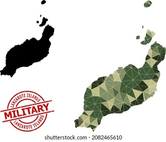 Low-Poly mosaic map of Lanzarote Islands, and rough military stamp seal. Low-poly map of Lanzarote Islands is designed from random camouflage colored triangles.
