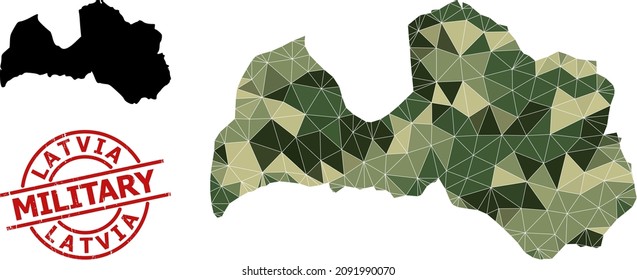 Low-Poly mosaic map of Latvia, and unclean military watermark. Low-poly map of Latvia is designed with randomized khaki color triangles. Red round stamp for military and army concept illustrations,