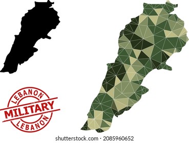 Low-Poly mosaic map of Lebanon, and scratched military stamp imitation. Low-poly map of Lebanon is designed from chaotic khaki filled triangles.