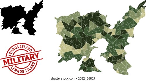 Low-Poly mosaic map of Lemnos Island, and scratched military stamp imitation. Low-poly map of Lemnos Island combined with randomized khaki filled triangles.