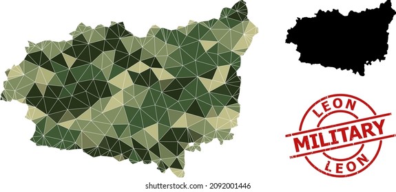 Low-Poly mosaic map of Leon Province, and grunge military rubber seal. Low-poly map of Leon Province constructed with random camouflage colored triangles.