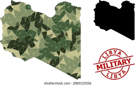 Lowpoly mosaic map of Libya, and scratched military stamp. Lowpoly map of Libya designed with scattered camouflage filled triangles. Red round stamp for military and army conceptual illustrations,