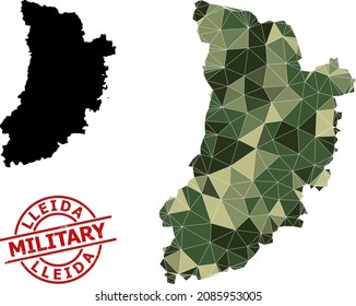 Low-Poly mosaic map of Lleida Province, and rubber military stamp print. Lowpoly map of Lleida Province is constructed from chaotic camo colored triangles.