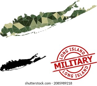 Mapa de mosaico de bajo contenido de poli de Long Island y placa militar de socorro. Mapa de baja densidad de Long Island diseñado con triángulos de color caqui.
