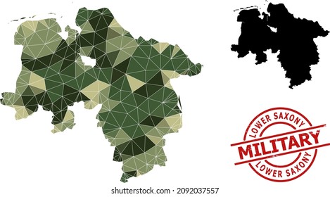 Mapa de mosaico flojo del estado de Baja Sajonia y sello militar de socorro. Mapa flojo del estado de Baja Sajonia construido con triángulos caóticos de color camo.