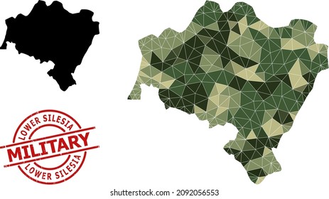 Low-Poly mosaic map of Lower Silesia Province, and scratched military stamp imitation. Low-poly map of Lower Silesia Province combined of chaotic camo colored triangles.