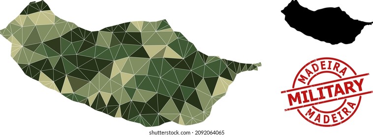 Low-Poly mosaic map of Madeira Island, and rubber military rubber seal. Low-poly map of Madeira Island combined from scattered camo color triangles.