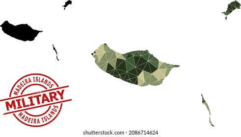 Low-Poly mosaic map of Madeira Islands, and rubber military stamp. Low-poly map of Madeira Islands is combined from chaotic camouflage color triangles.