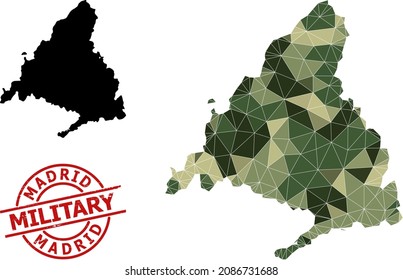 Lowpoly mosaic map of Madrid Province, and grunge military stamp imitation. Low-poly map of Madrid Province designed with scattered khaki filled triangles.