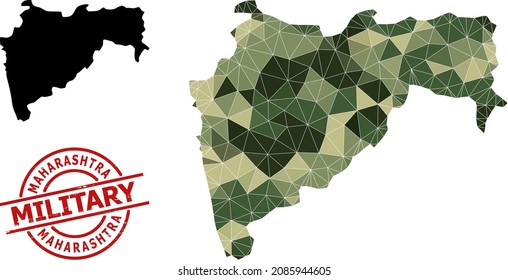 Mapa de mosaicos de bajo contenido de póliza del estado de Maharashtra, e imitación de sello militar rascado. Mapa de bajo perfil del estado de Maharashtra combinado con triángulos de color camo dispersos.