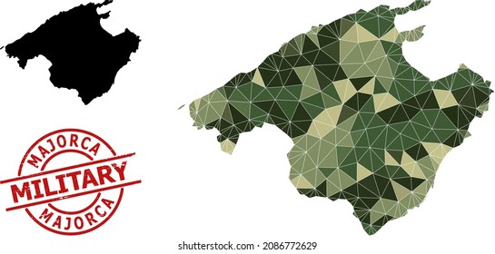 Low-Poly mosaic map of Majorca, and unclean military stamp imitation. Low-poly map of Majorca is constructed of random camouflage colored triangles.