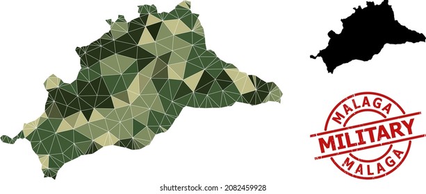 Low-Poly mosaic map of Malaga Province, and textured military stamp print. Low-poly map of Malaga Province designed with randomized khaki colored triangles.