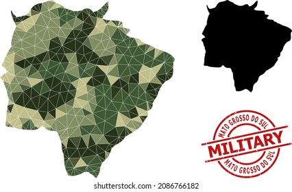 Mapa de mosaico de bajo contenido de polietileno del estado de Mato Grosso do Sul y precinto de caucho militar. Mapa de baja polilla del estado de Mato Grosso do Sul se construye a partir de triángulos aleatorios de color de camo.