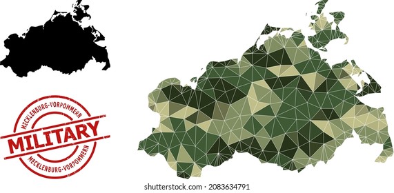 Low-Poly mosaic map of Mecklenburg-Vorpommern State, and unclean military stamp print. Low-poly map of Mecklenburg-Vorpommern State combined of chaotic khaki filled triangles.