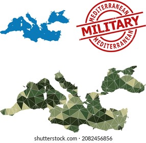 Mapa de mosaicos de bajo contenido de polaco del mar Mediterráneo, y sello militar grueso. El mapa de bajo contenido de pólvora del Mar Mediterráneo se combina con triángulos de color de camuflaje aleatorizados.