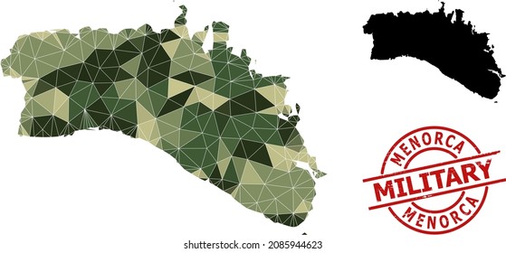 Low-Poly mosaic map of Menorca Island, and unclean military stamp seal. Low-poly map of Menorca Island constructed from randomized camouflage filled triangles.
