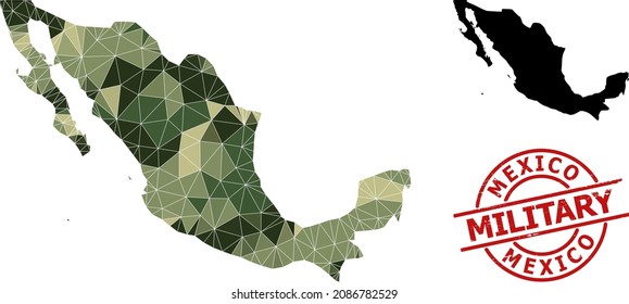 Mapa de mosaico de bajo contenido de póliza de México, y placa militar gruesa. El mapa de bajo nivel de pólvora de México está diseñado con triángulos caóticos llenos de camuflaje. Estampilla redonda roja para ilustraciones conceptuales militares y militares,