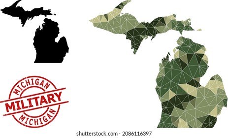 Low-Poly mosaic map of Michigan State, and scratched military rubber seal. Low-poly map of Michigan State combined of random camo color triangles.