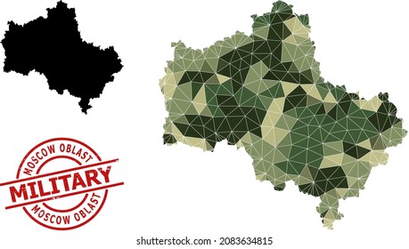 Low-Poly mosaic map of Moscow Region, and unclean military watermark. Low-poly map of Moscow Region constructed from scattered camo color triangles.