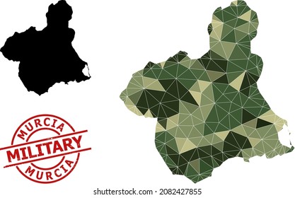 Low-Poly-Mosaik-Karte der Provinz Murcia, und Not militärischen Stempel. Low-Poly-Karte der Provinz Murcia ist aus randomisierten Tarndreiecken entworfen.