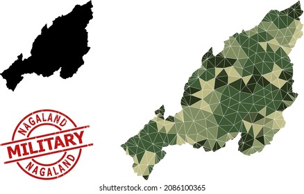 Low-Poly mosaic map of Nagaland State, and scratched military stamp imitation. Low-poly map of Nagaland State designed from chaotic camouflage filled triangles.