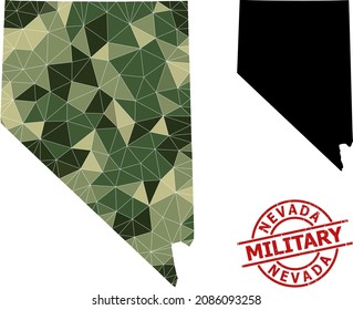 Low-Poly mosaic map of Nevada State, and distress military stamp print. Low-poly map of Nevada State is combined with scattered khaki colored triangles.